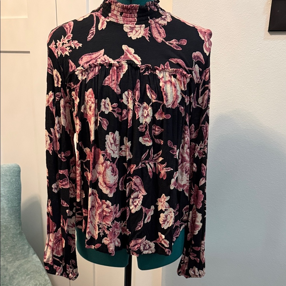 Lucky Brand Black and Pink Floral Blouse